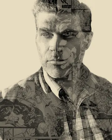 Double-exposure portrait of The Count of Matty Crypto, his face blended with comic book line art