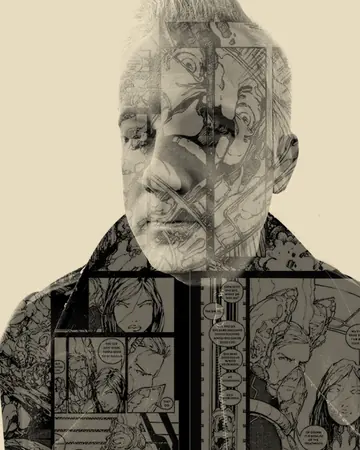 Double-exposure portrait of Duke Silver, his face blended with hand-drawn comic panels