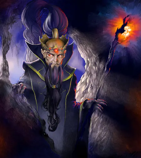 Satoshi, the Bitcoin Wizard: a crowned wizard with an orange-glowing staff in a dark cavern